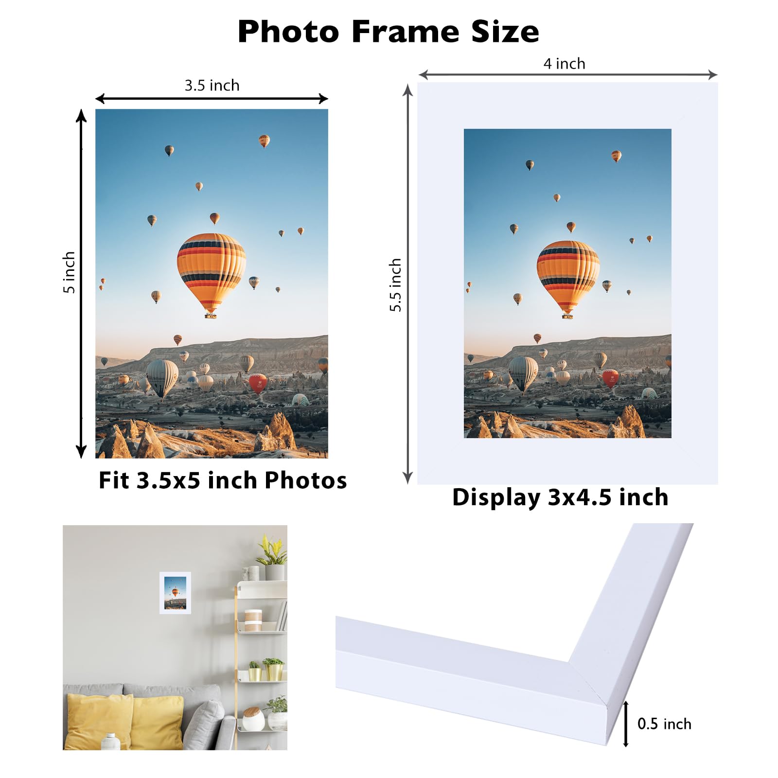 JCJMY 3.5x5 Picture Frame White for Wall or Tabletop, 3.5 x 5 Wall Gallery Poster Photo Frame with Shatter Resistant Plexiglass,
